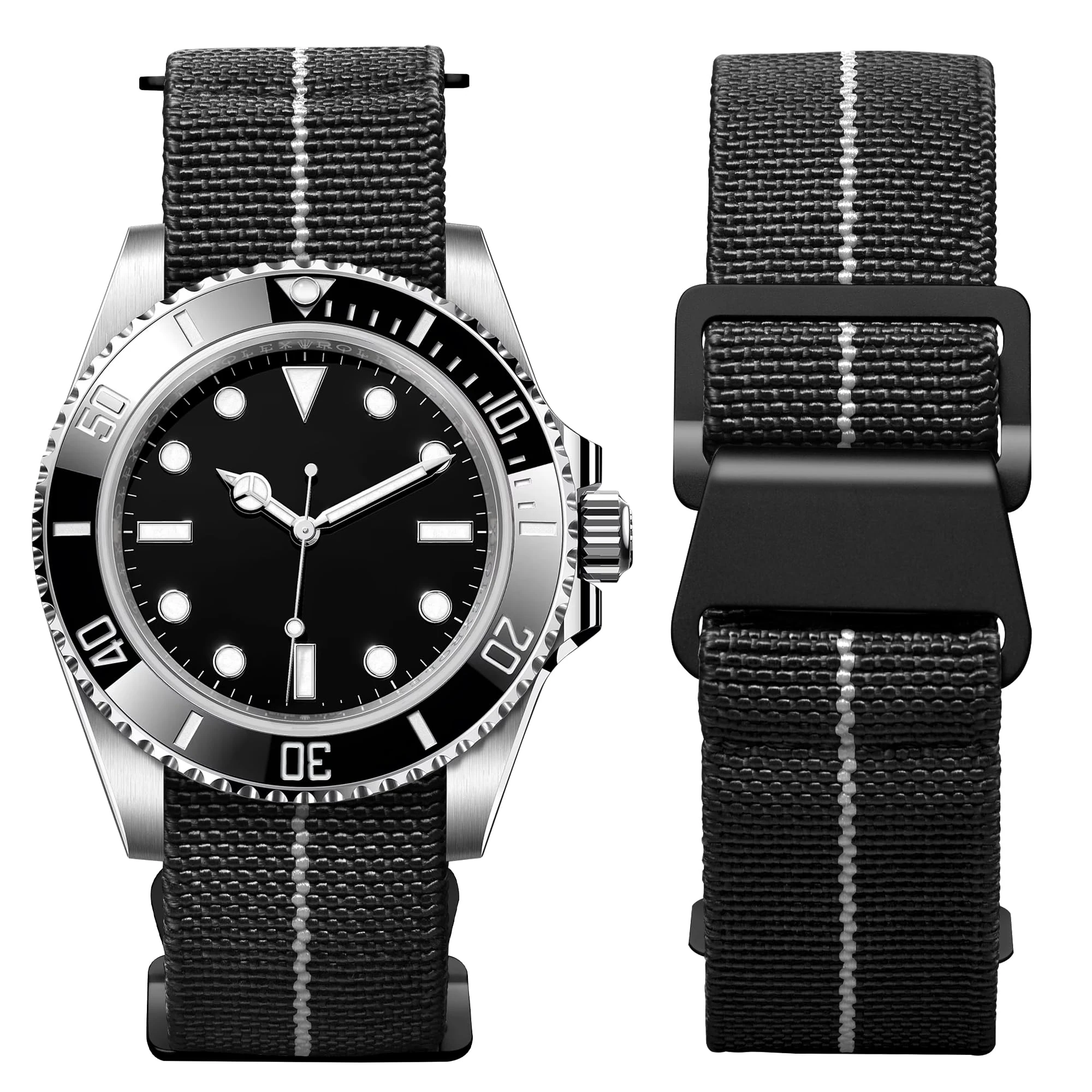 BINLUN Elastic Nylon Watch Straps 18mm/20mm/22mm Marine Nationale Style Parachute Fabric Replacement Watch Band Hook-and-Loop Silver/Black Buckle Men Women（Black-white,22mm）
