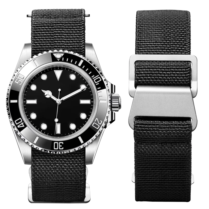 BINLUN Elastic Nylon Watch Straps 18mm/20mm/22mm Marine Nationale Style Parachute Fabric Replacement Watch Band Hook-and-Loop Silver/Black Buckle Men Women（Black,20mm）