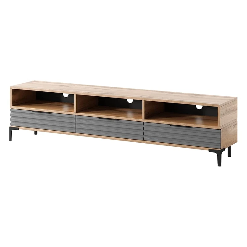 Selsey Rikke Tv Stand - Tv Cabinet - Entertainment Unit - Wotan Oak - Grey Gloss - Battery-Operated Led