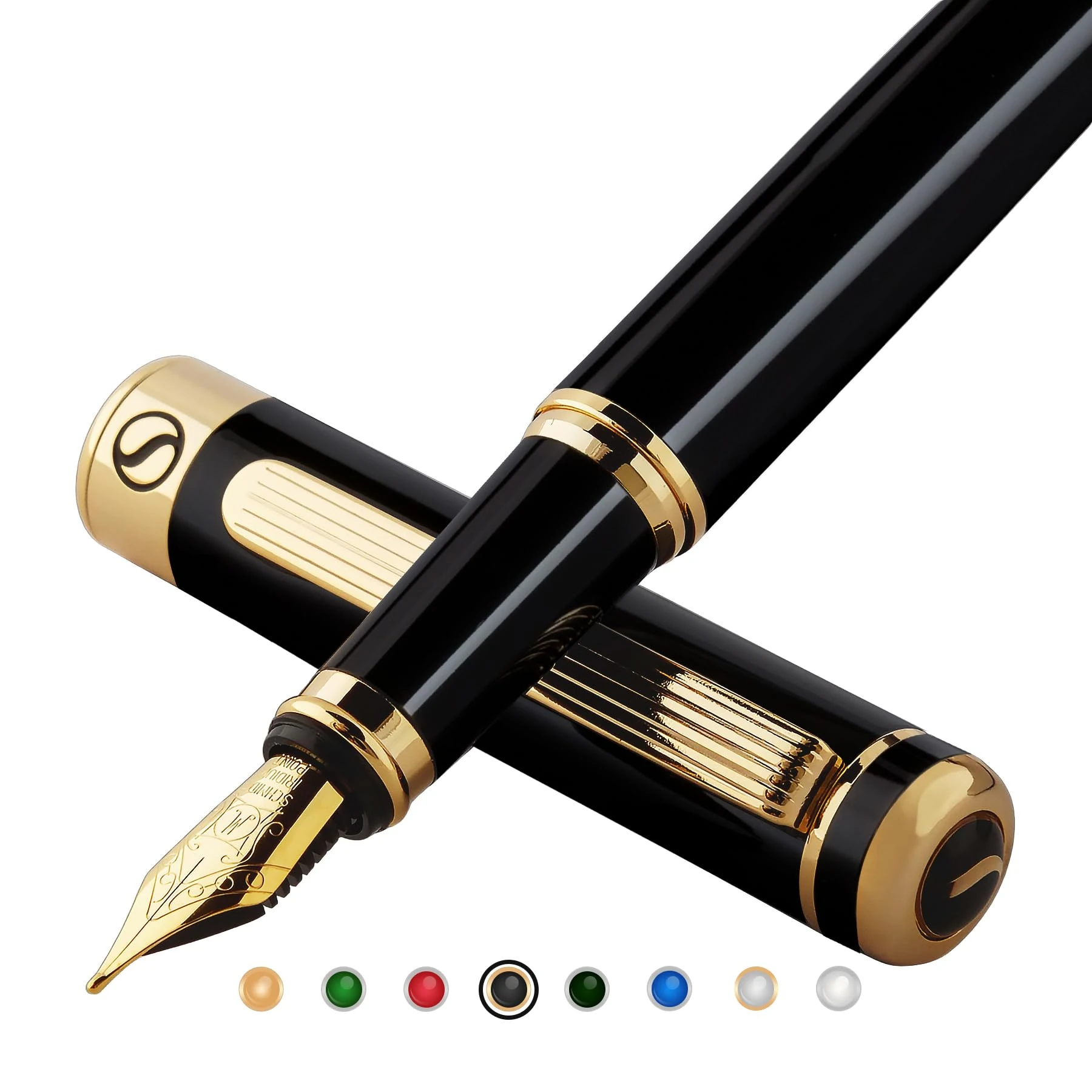 Scriveiner Black Lacquer Fountain Pen - Stunning Luxury Pen, Real Gold Plating, Schmidt Gilded Nib (Medium), Best Pen Gift Set for Men & Women, Professional, Executive, Office, Nice Pens