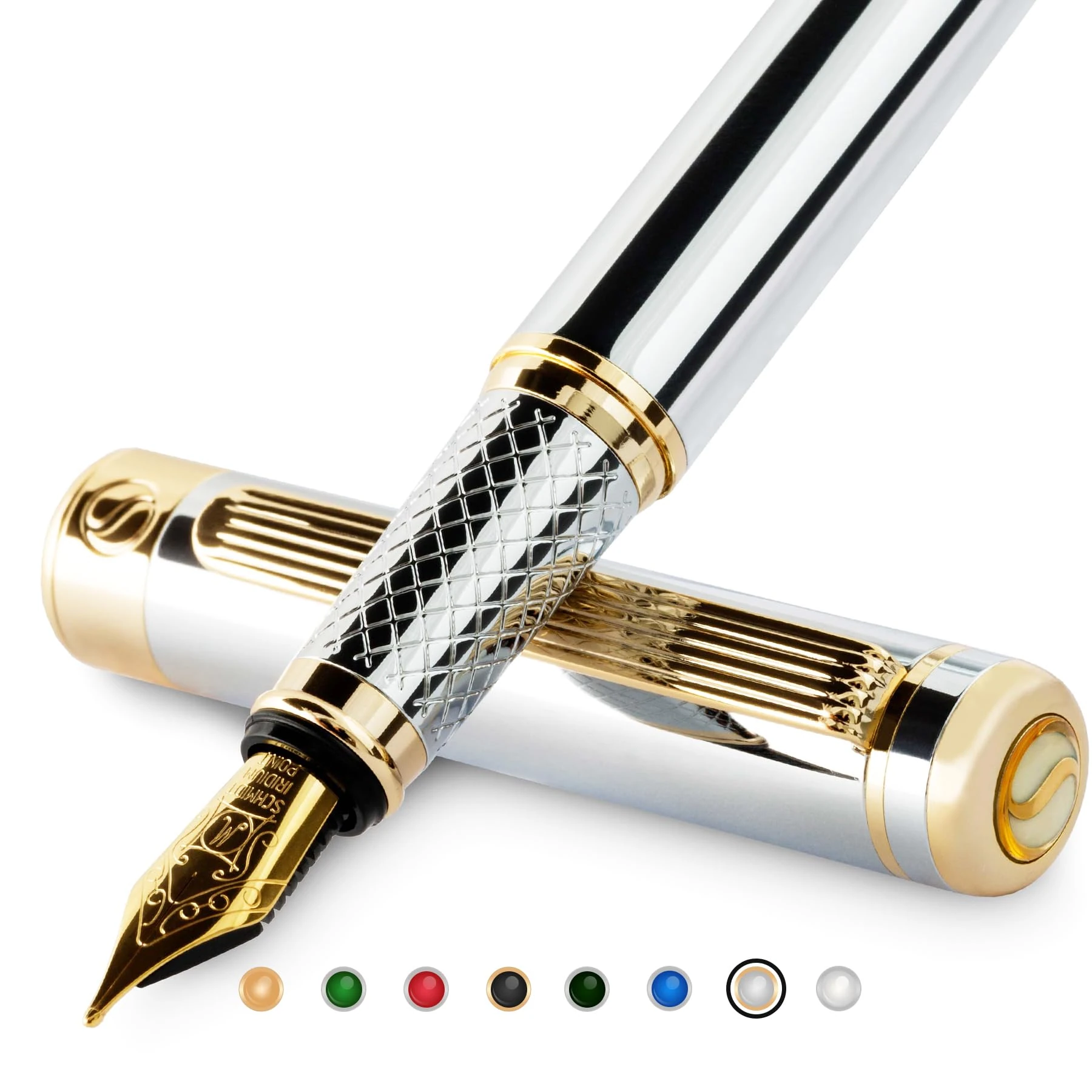 Scriveiner Silver Chrome Fountain Pen - Stunning Luxury Pen, Real Gold Plating, Schmidt Gilded Nib (Medium), Best Pen Gift Set for Men & Women, Professional, Executive Office, Nice Designer Pens