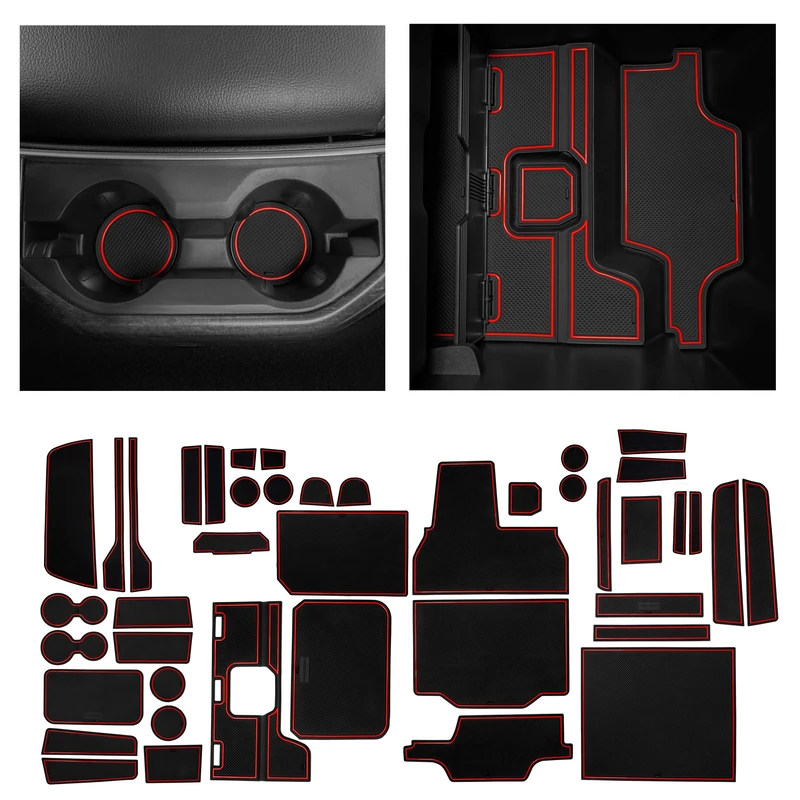 CupHolderHero for RAM 1500 Accessories 2019-2021 Interior Non-Slip Anti Dust Cup Holder Inserts, Center Console Liner Mats, Door Pocket 44-pc Set (Crew Cab with Bucket Seats) (Red Trim) - Image 1