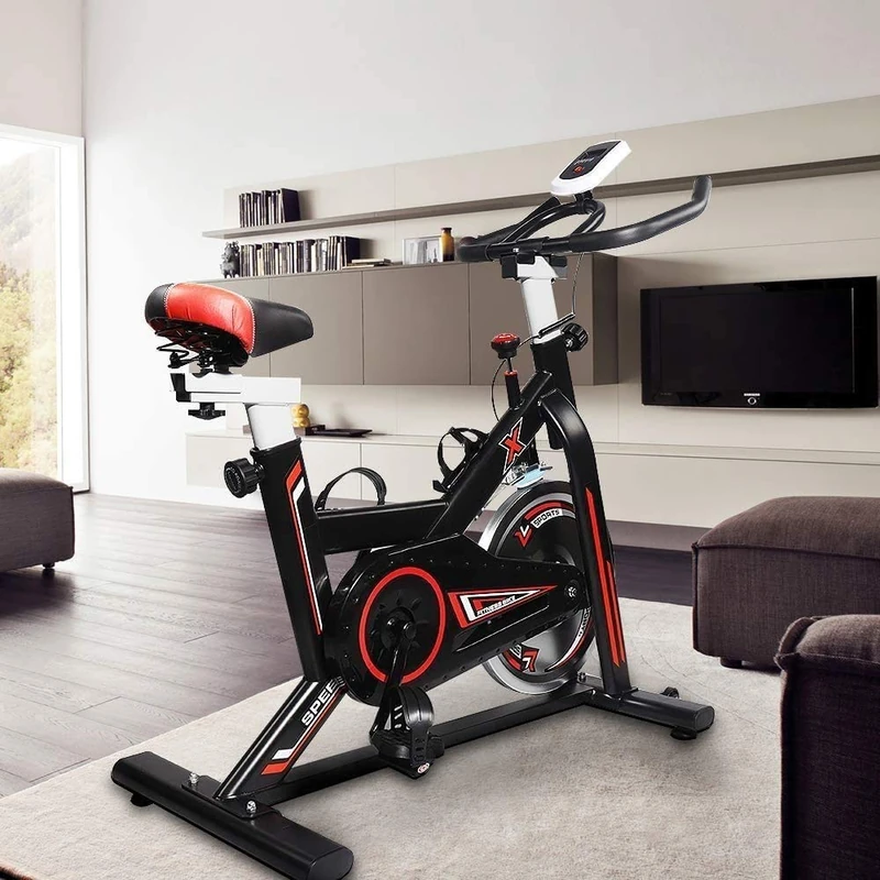Hooseng Aerobic Indoor Training Exercise Bike, Super-Silent Stationary Bike Cycling with LCD display, Seat Cushion, Bottle Holder for Fitness Gyms Training, Cardio Workout