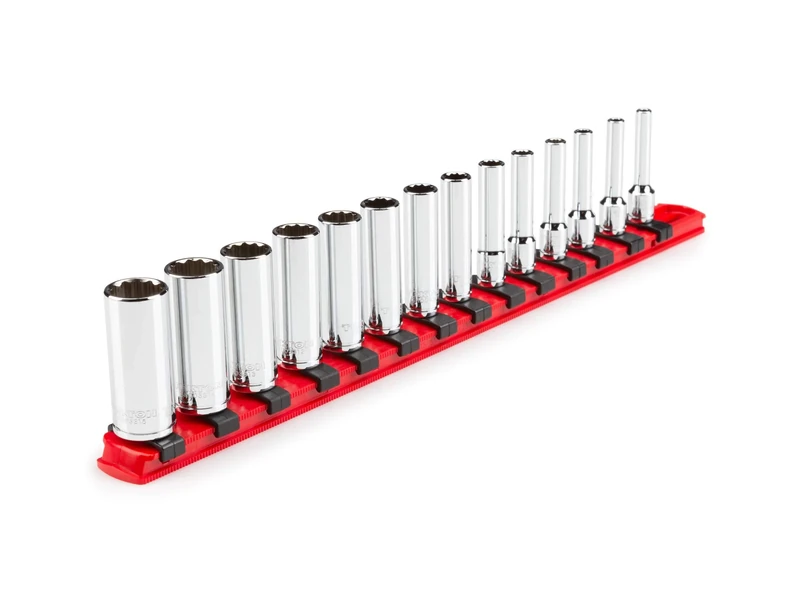 TEKTON 1/4 Inch Drive Deep 12-Point Socket Set with Rail, 14-Piece (4-15 mm) | SHD90114