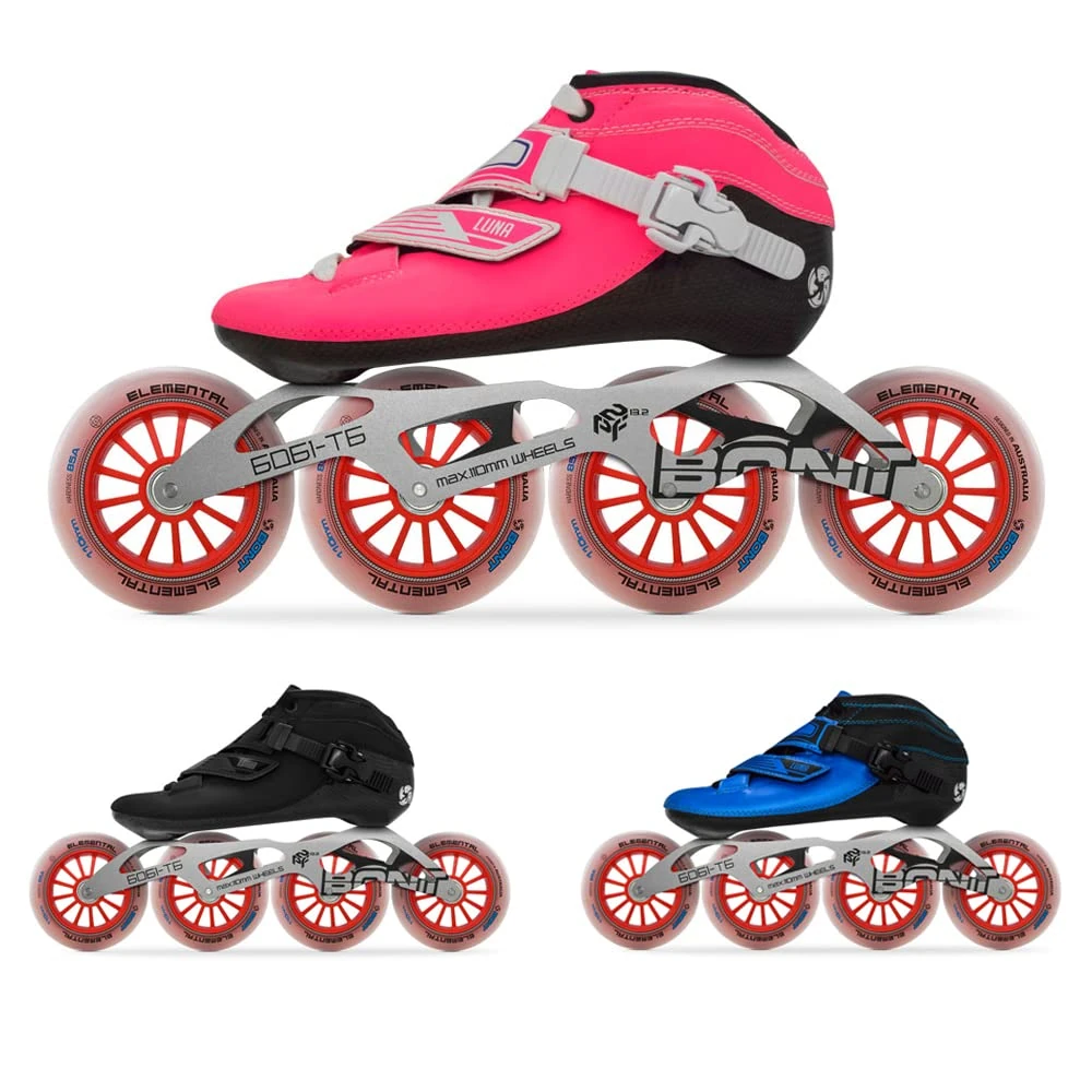 Bont Inline Speed Skating Racing - Luna Skate Boot + 2PF 6061 Frame + Elemental Wheels + ABEC7 Bearings - Youth - Boys - Girls - Men - Women (Blue, 37/5)