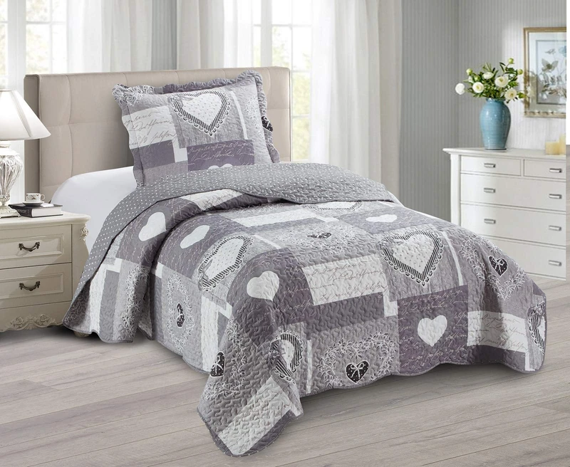 Brilliant Sunshine Grey Heart Love Patchwork, 2-Piece Quilt Set with 1 Sham, Reversible Bedspread, Soft Lightweight Coverlet, All-Season, Twin, Grey