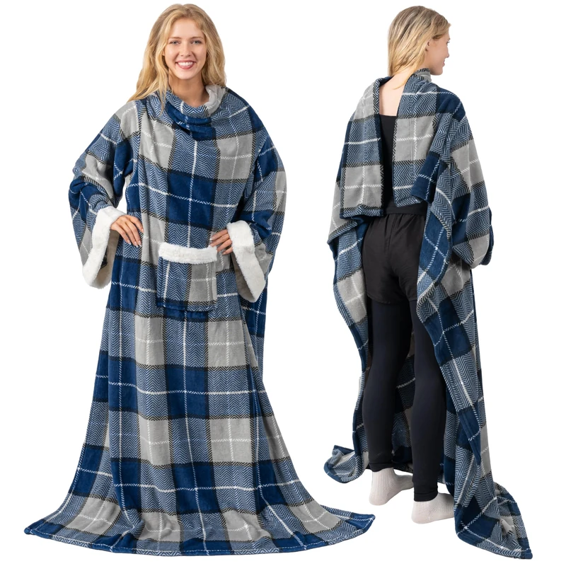 PAVILIA Deluxe Fleece Blanket with Sleeves for Women Men Adult, Wearable Blanket Warm Cozy, Super Soft Sleeved Throw with Arms Pocket, Gift for Women Mom Wife (Plaid Navy) - Image 1