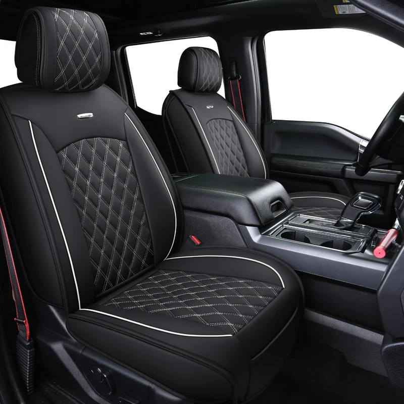 Aierxuan Car Seat Covers Full Set with Waterproof Leather Automotive Vehicle Cushion Cover for Cars Fit for 2009 to 2024 Ford F150 Carhartt and 2017 to 2024 F250 F350 F450 Black and White