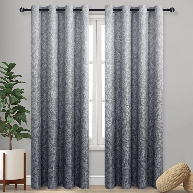 DWCN Ombre Blackout Curtains for Bedroom - Damask Patterned Thermal Insulated Energy Saving Grommet Curtains for Living Room, Set of 2 Gradient Window Curtain Panels, 52 x 96 Inches Long, Grey