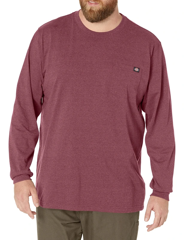 Dickies Men's Long Sleeve Heavyweight Crew Neck Work Utility T-Shirt, Burgundy Single Dye Heather, S