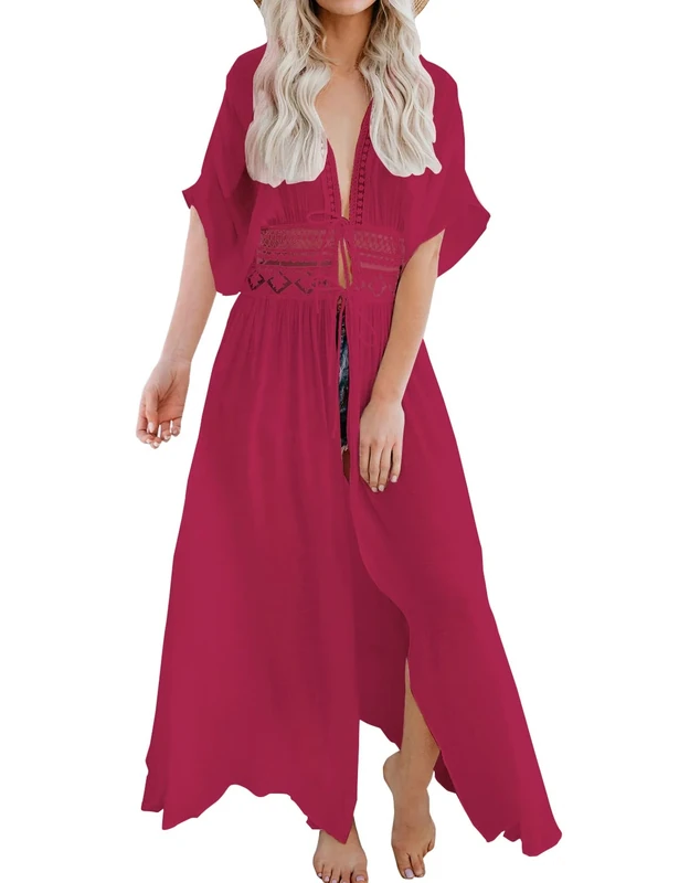 FANCYINN Women Lace Beach Kimonos Cardigan Open Front Swimsuit Crochet Beach Bikini Cover up Dress Ruby XL