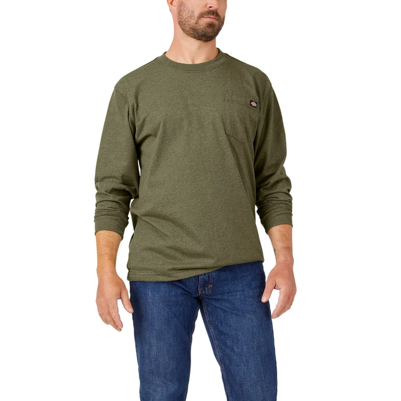 Dickies Men's Long Sleeve Heavyweight Crew Neck Work Utility T-Shirt, Military Green Single Dye Heather, XXL
