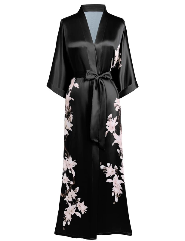 BABEYOND Kimono Robe Cover up Long Floral Bridesmaid Wedding Bachelorette Robe - Black - One Size