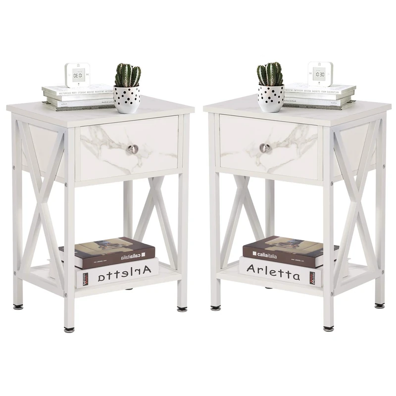 VECELO Modern Versatile Nightstands X-Design Side End Table Night Stand Storage Shelf, with Bin Drawer, for Living Room Bedroom