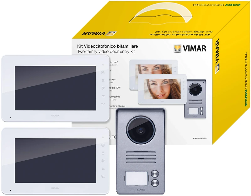 Vimar K40931 2-family video entry kit with: 2 hands-free 7in LCD video entryphones, 2-button audio/video entrance panel, 2 supply units, with fixing bracket