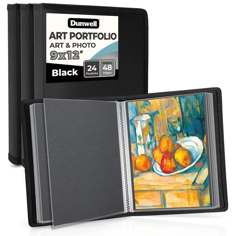 Dunwell Art Portfolio 9x12 Folder - (Black, 3-Pack), 24 Pockets Display 48 Pages, Binder for Artwork, Sketch Folder, Kids Art Portfolio