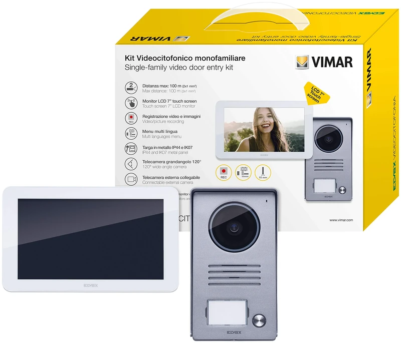 Vimar K40935 1-Family Video Entry kit with: Hands-Free 7in LCD Video entryphone, 1-Button Audio/Video Entrance Panel, Supply Unit, with Fixing Bracket, White