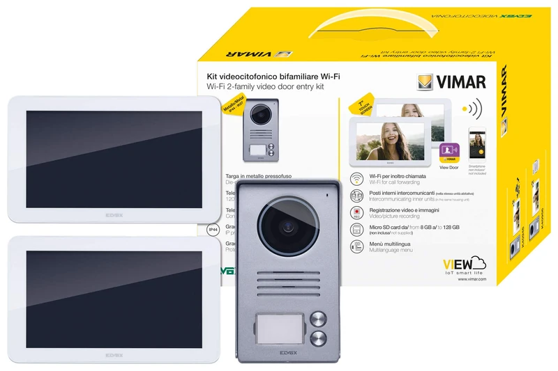 Vimar K40956 2-family video entry kit with: 2 hands-free 7in video entryphones with Wi-Fi connection, 2-button audio/video entrance panel, 2 supply units, with fixing bracket