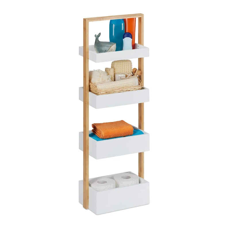 Relaxdays Bathroom Shelf, with 4, Bamboo & MDF, Narrow Kitchen Storage, HxWxD: 88 x 30 x 18 cm, Shelving Unit, Fibreboard