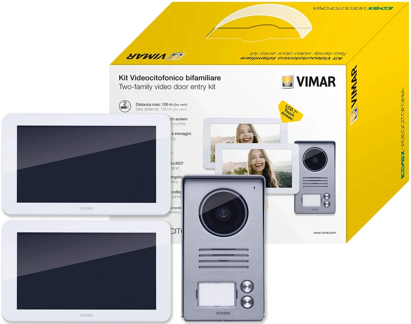 Vimar K40936 2-family video entry kit with: hands-free 7in LCD video entryphones, 1 2-button audio/video entrance panel, 2 supply units, with fixing bracket