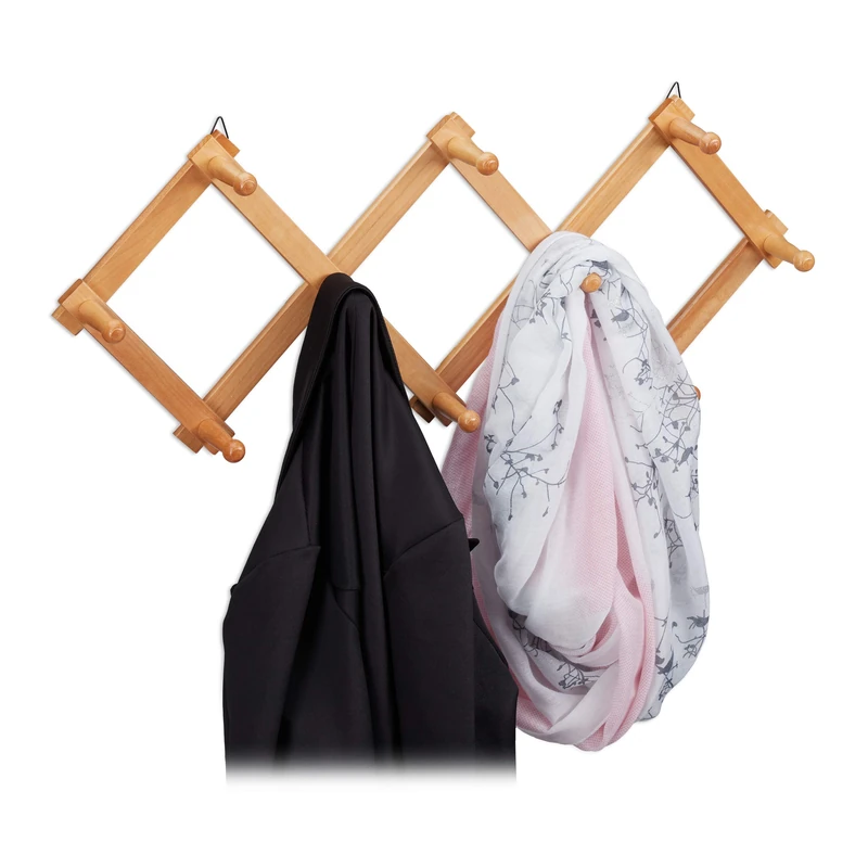 Relaxdays Wall-Mounted Coat Rack, Extendable Wardrobe, 10 Hooks, Stable, Wood, max. HWD: 5.5 x 87.5 x 7.5 cm, Natural