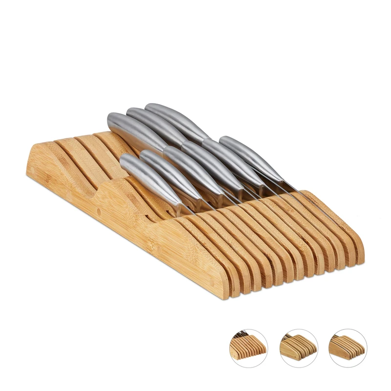 Relaxdays Bamboo Knife Block, for 7 or 9 Knives, for Drawers, Empty Knife Holder, Natural Brown