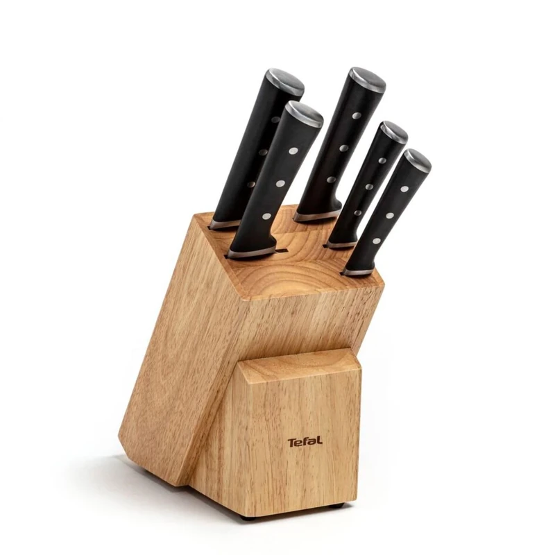 Tefal Ice Force 5-Piece Knife Wooden Block Set, German Stainless Steel Blade for Long-Lasting Cutting Performance and Sharpness, K232S574