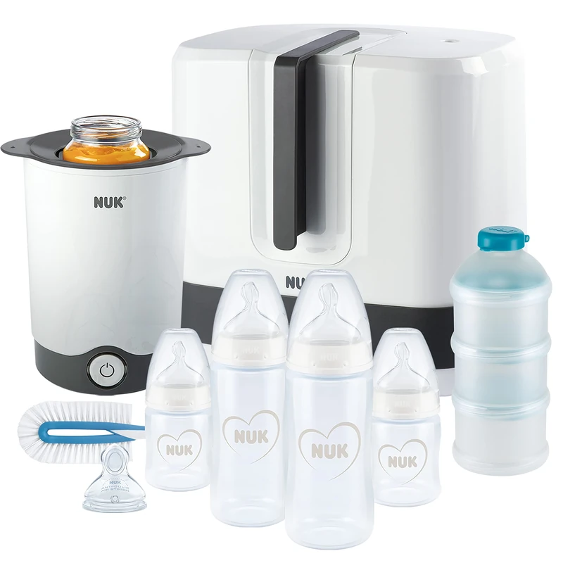 NUK First Choice+ Complete Feeding Set | Vario Express Steriliser, 4x Baby Bottles, Bottle Warmer, Bottle Brush & More | Hearts (Neutral) | 9 Count