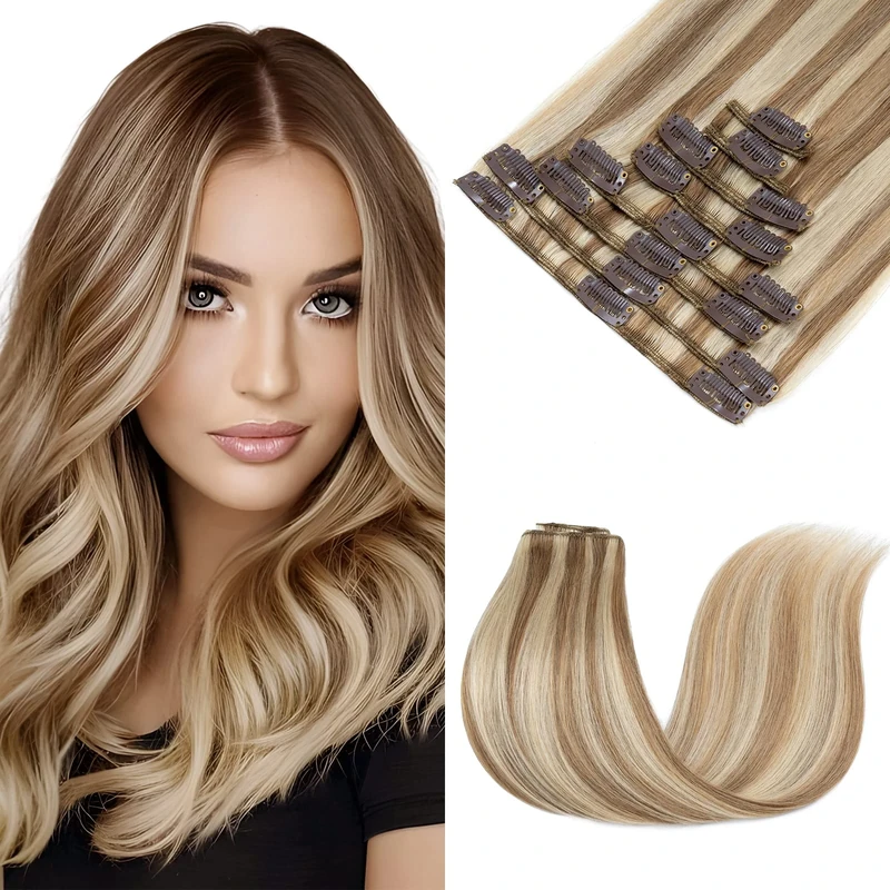 Elailite Clip in Hair Extensions Real Human Hair Remy Natural Hair - 8 Pieces Standard Weft Full Head Balayage Straight - #12/613 Golden Brown Mix Bleach Blonde - 16 Inch (90 g)