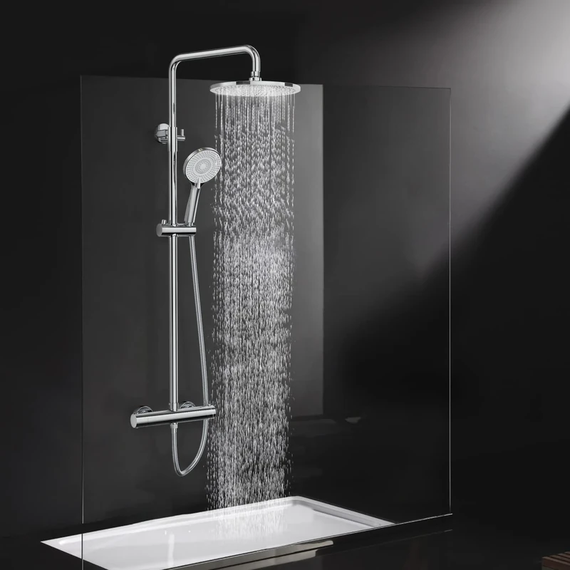 Rainsworth Thermostatic Shower Mixer Set Chrome, 25cm Round Overhead Rainfall Shower, 3 Jet Types Handheld Shower, Height Adjustable Shower System