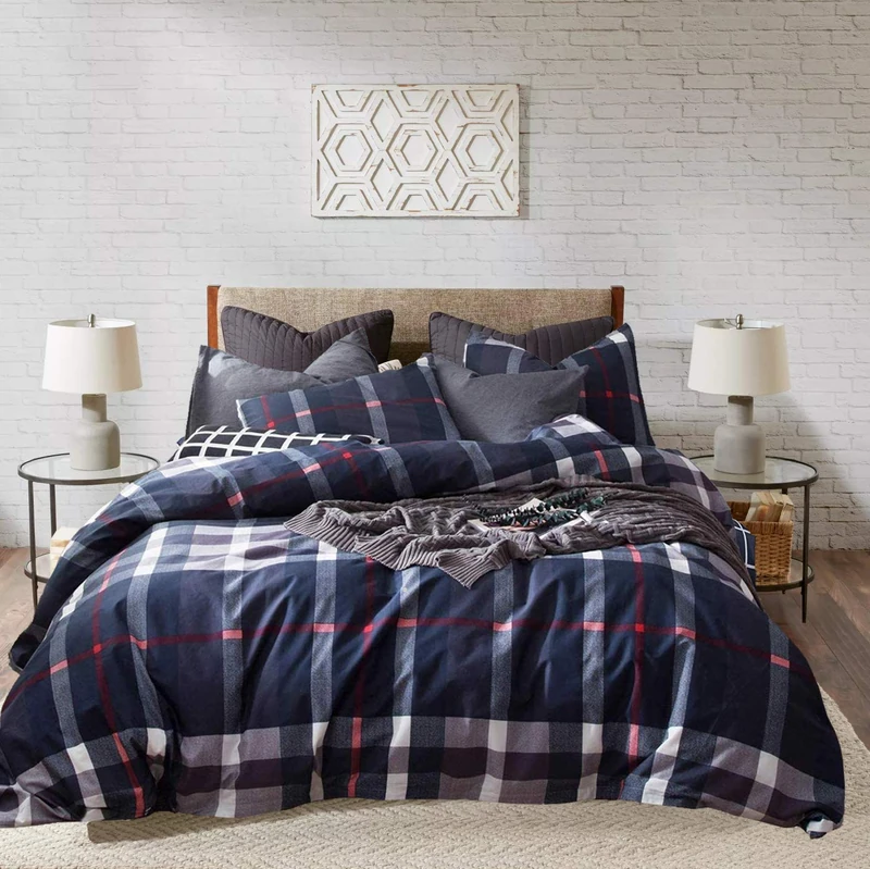 KAREVER Navy Plaid Comforter Set - King Multicolor Checkered Bedding Quilt Set - Breathable Navy Blue Tartan Grid Comforter - Striped Women's Blanket - King Size