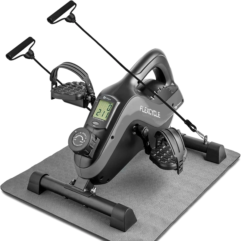 Under Desk Bike Pedal Exerciser - FlexCycle Exercise Bike Stationary Magnetic Cycle with LCD Monitor & Resistance Bands for Arm & Leg Recovery & Therapy - Foot Pedal Exerciser for Home & Office (GREY)