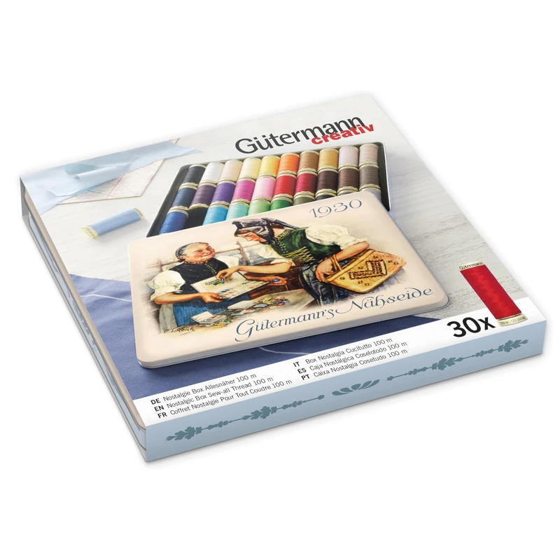 Gütermann creativ Nostalgic Box containing 30 spools of Sew-all Thread in different colours - Image 1
