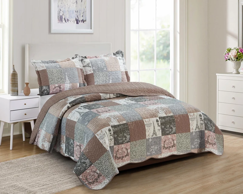 Brilliant Sunshine Latte Grey Paris & Toile Floral Quilt, Queen Size