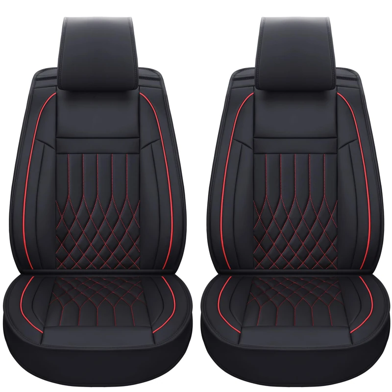 Aierxuan 2pcs Car Seat Covers Front Set with Waterproof Leather,Airbag Compatible Automotive Vehicle Cushion Cover Universal fit for Most Cars (Black and Red)
