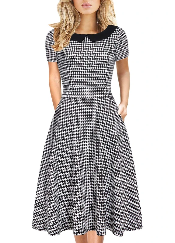 Women's Elegant Vintage Cotton Casual Floral Print Work Party A-Line Swing Dress with Pockets 162, Houndstooth-978, XL