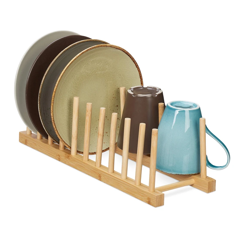 Relaxdays Plate Rack, for 10 Dishes, Pan Lid & Chopping Board Holder, Dish Drainer Stand for the Sink, Bamboo, Natural