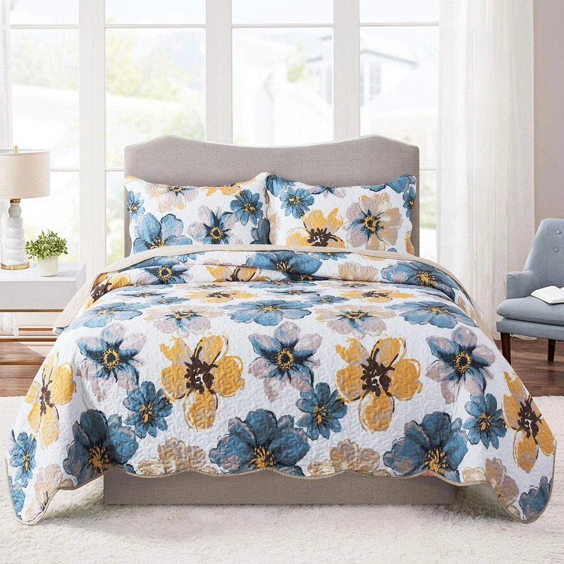 HoneiLife Quilt Set Queen Size - 3 Piece Microfiber Reversible Bedspreads Patchwork Coverlets Floral Bedding Set All Season - Splash-Ink Painting