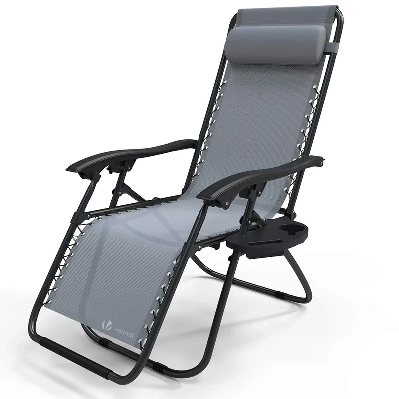 VOUNOT Zero Gravity Chair, Folding Sun Loungers, Recliner Garden Chairs, Outdoor Deck Chairs with Cup and Phone Holder, Grey