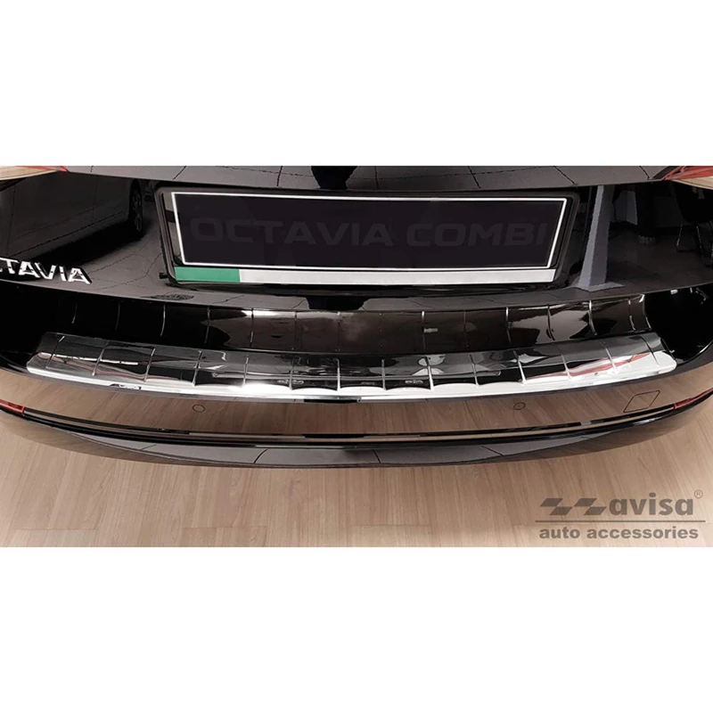 Avisa Chrome Stainless Steel Rear bumper protector compatible with Skoda Octavia IV Kombi 2020-2024 & FL 2024- (incl. RS, excl. Scout) 'Ribs'