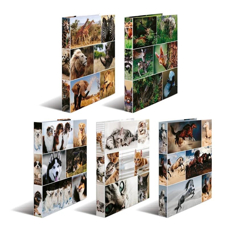 HERMA Ring Binder Animals, Assorted, A4, 35 mm Spine, Slim 4-Ring Binder Made of Cardboard, Pack of 10