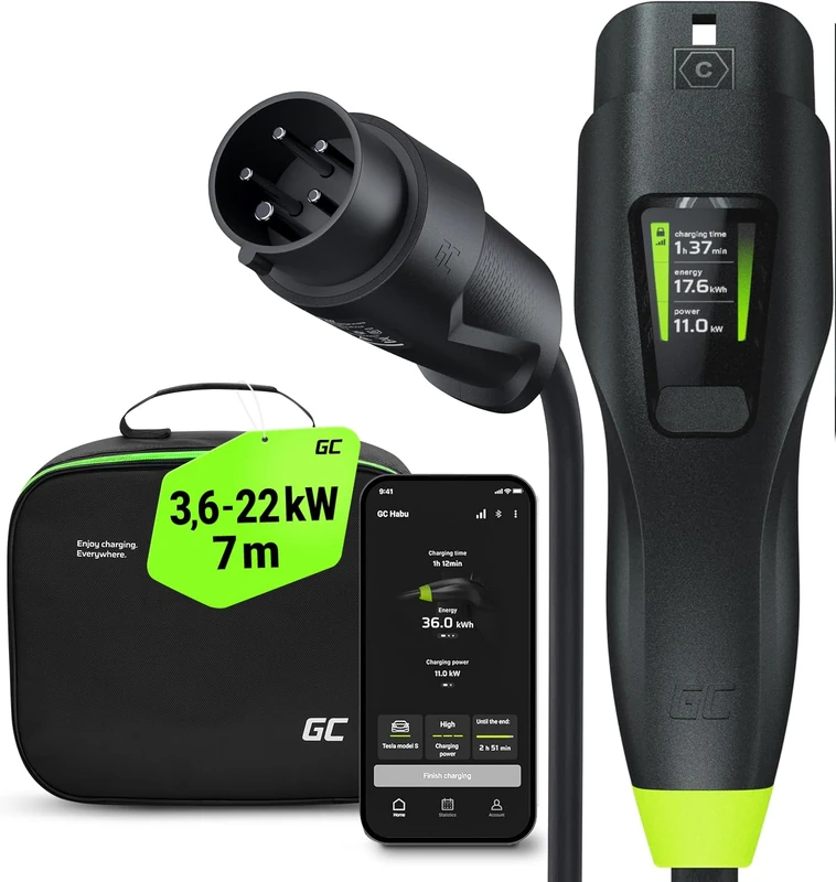 Green Cell® GC Type 2 Charging Cable for EV Electric Cars PHEV | 7.2kW | 32A | Type 2 to Type 2 | 23ft 7m | 1-Phase | Compatible with e-Golf, e-Up!, A250e, I-Pace, EQC, Leaf, Ioniq Electric, Niro EV - Image 1