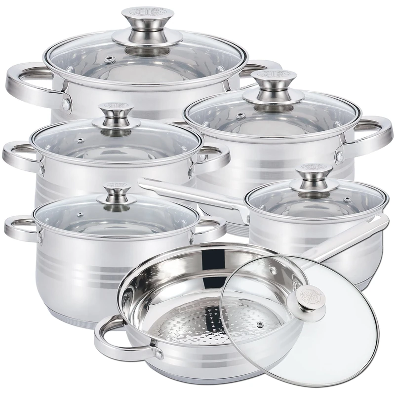 Herzberg HG1241 Induction Heat Sources-12 Piece Stainless Steel Cookware Set, Steel Colour
