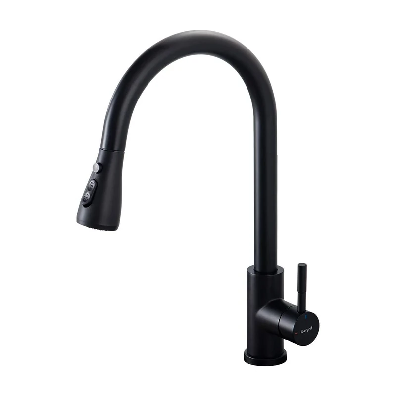 Ibergrif Kitchen Mixer Tap with Pull Out Spray, 360° Swivel, High Arc, 3 Spray Modes, Single Handle, Stainless Steel, Chrome,Black, M22136