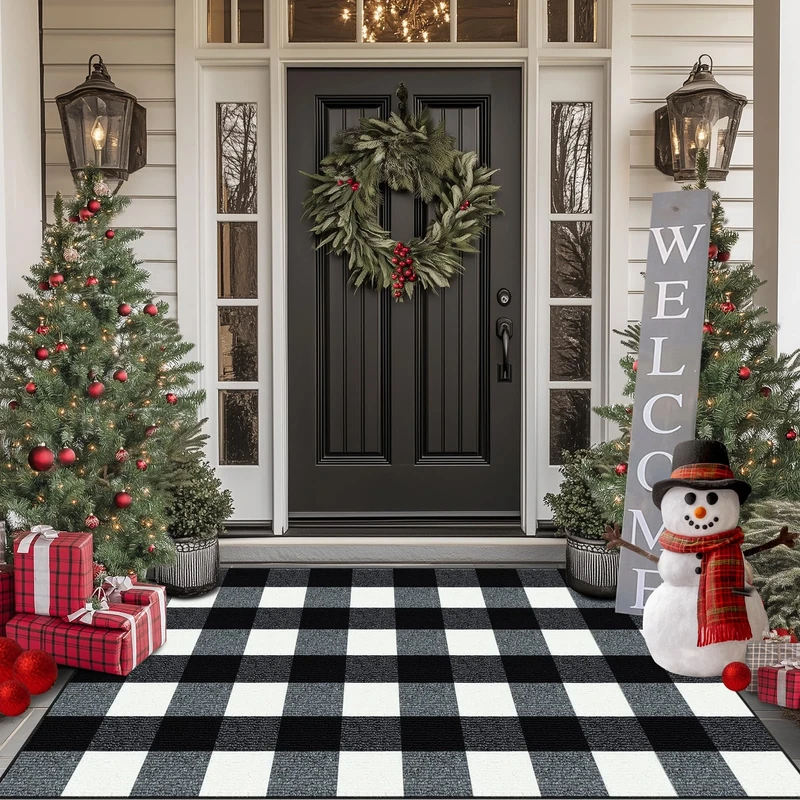 FONEYI Buffalo Plaid Outdoor Rug, 32"x48" Checkered Front Door Mat, Non Slip Absorbent Entryway Rug Doormat Indoor, Washable Outdoor Rugs for Layered Door Mats Front Porch/Farmhouse Black and White