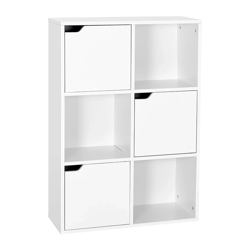 Mondeer Bookcase White, 6 Cube Storage Unit, 3-Tier Bookshelf with Doors, Wooden Shelf Organiser Display Cabinet for Living Room, Bedroom, Home Office, 60 x 30 x 90 cm