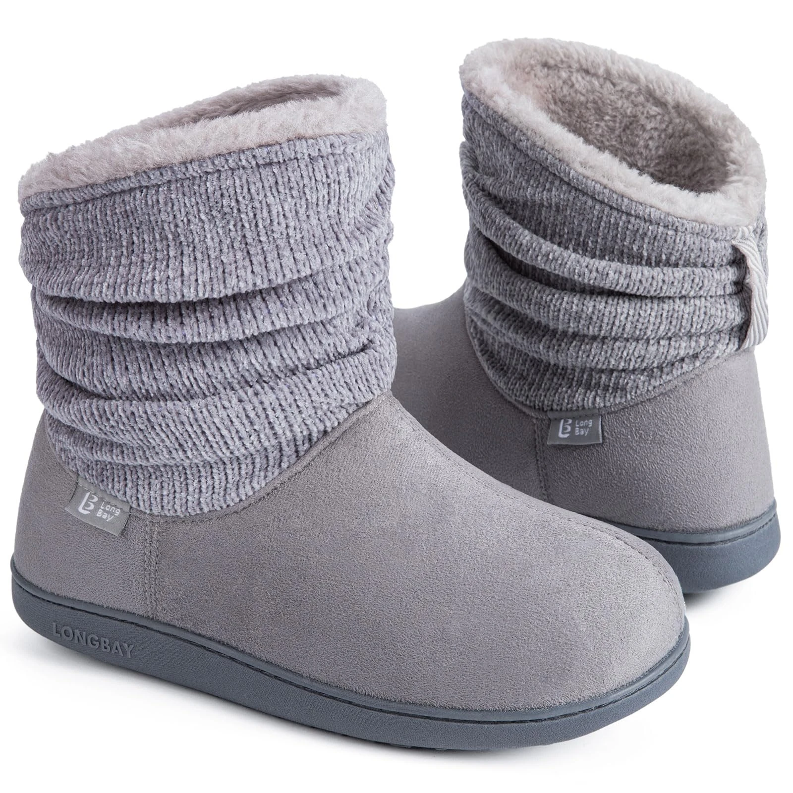 LongBay Ladies' Warm Chenille Knit Bootie Slippers Women's Comfy Suedette Fluffy Faux Fur Memory Foam Boots House Shoes(7-8 UK,Grey)