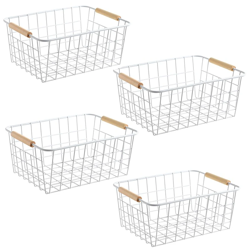 LeleCAT Wire Baskets with Handles Wire Storage Organizer Baskets For Kitchen, Household Refrigerator for Cabinets, Pantry, Closets, Bedrooms - Set of 4(White)