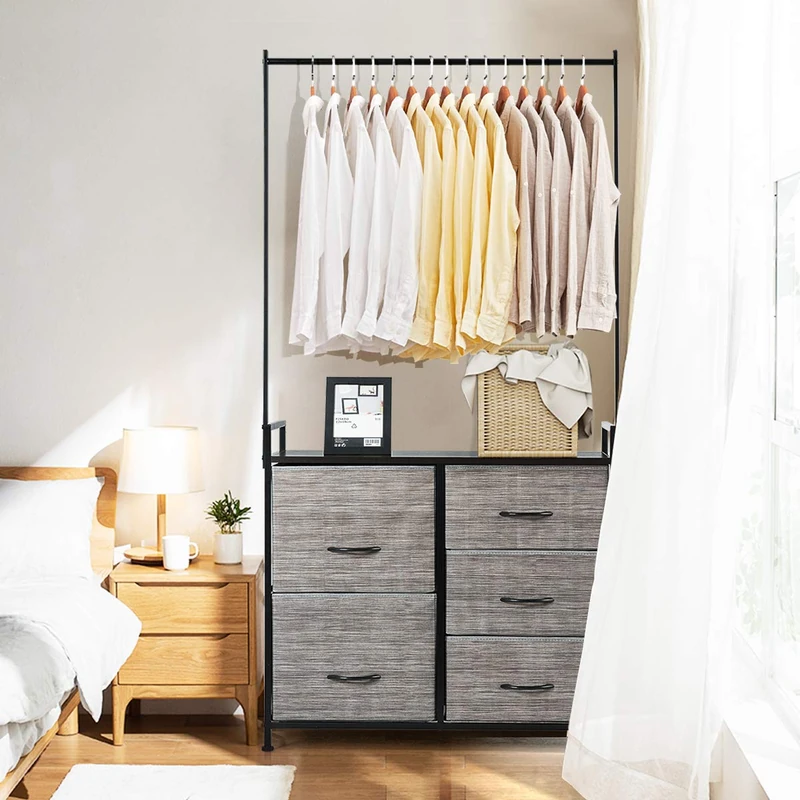 CASART Hanging Clothes Rail, Metal Garment Rack Dress Shelf with 5 Storage Drawers, Clothes Cabinet Wardrobe Organiser for Closet, Hallway, Bedroom and Living Room