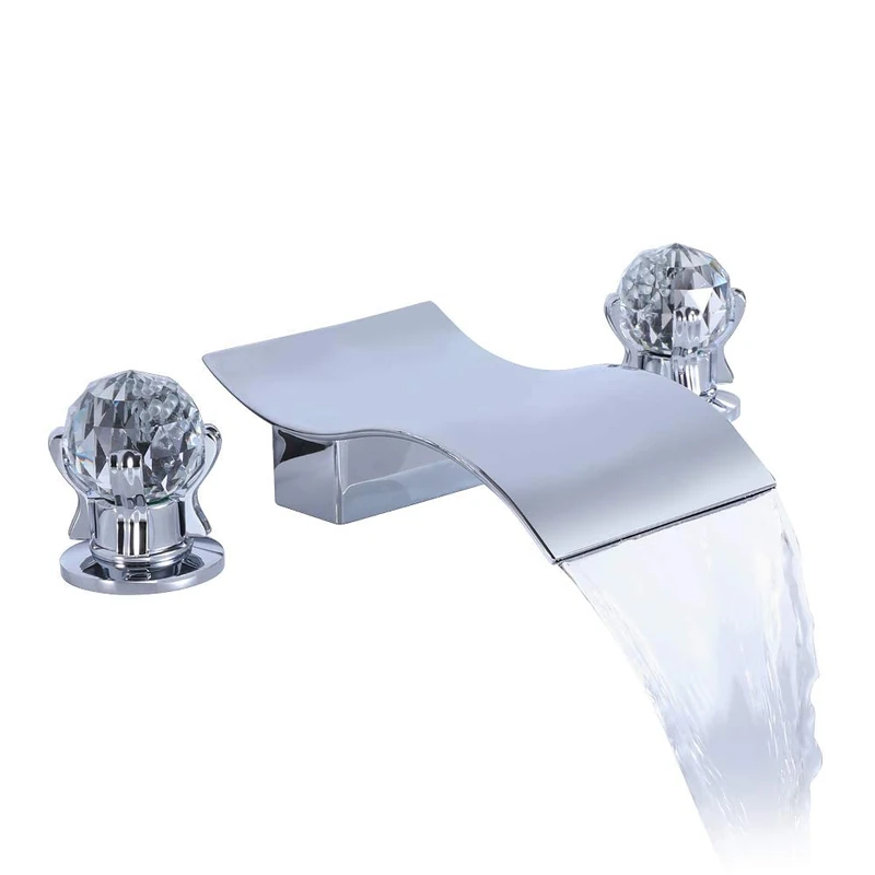 Bathroom Faucet Waterfall 3 Holes 2 Crystal Knobs, Waterfall Spout Deck Mount Tub Faucet Durable Soild Brass, Widespread Bathroom Sink Faucet Chrome for Bathtub/Bathroom Sink- DEOLER